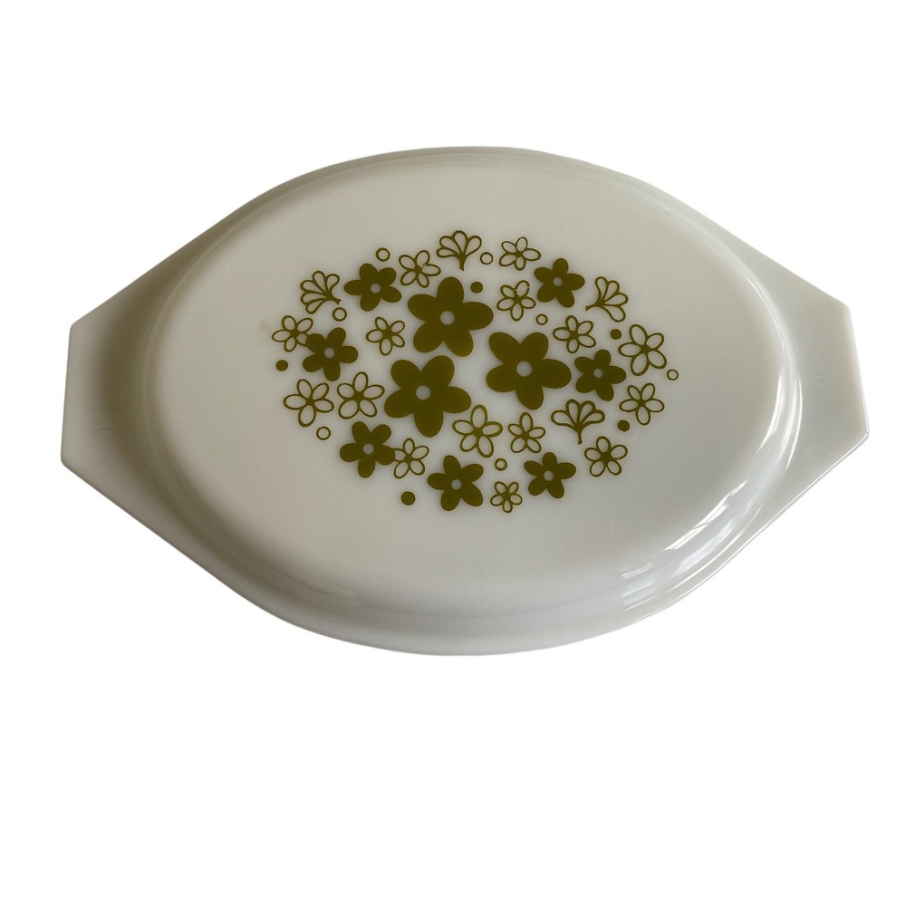 Pyrex Spring Blossom Green Crazy Daisy Oval Casserole Lid 945C-38 Vintage White